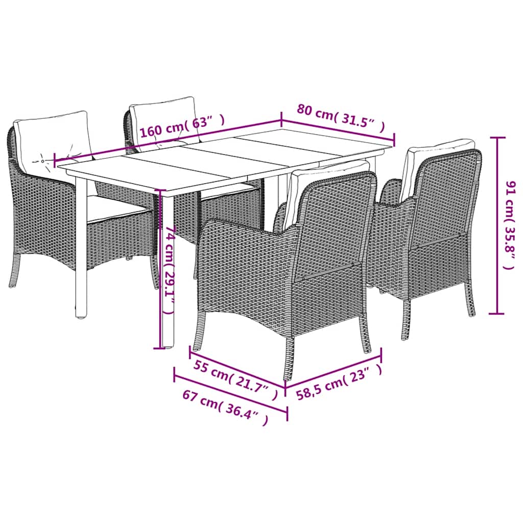 Set da Pranzo da Giardino 5 pz con Cuscini Beige in Polyrattan | homemem39