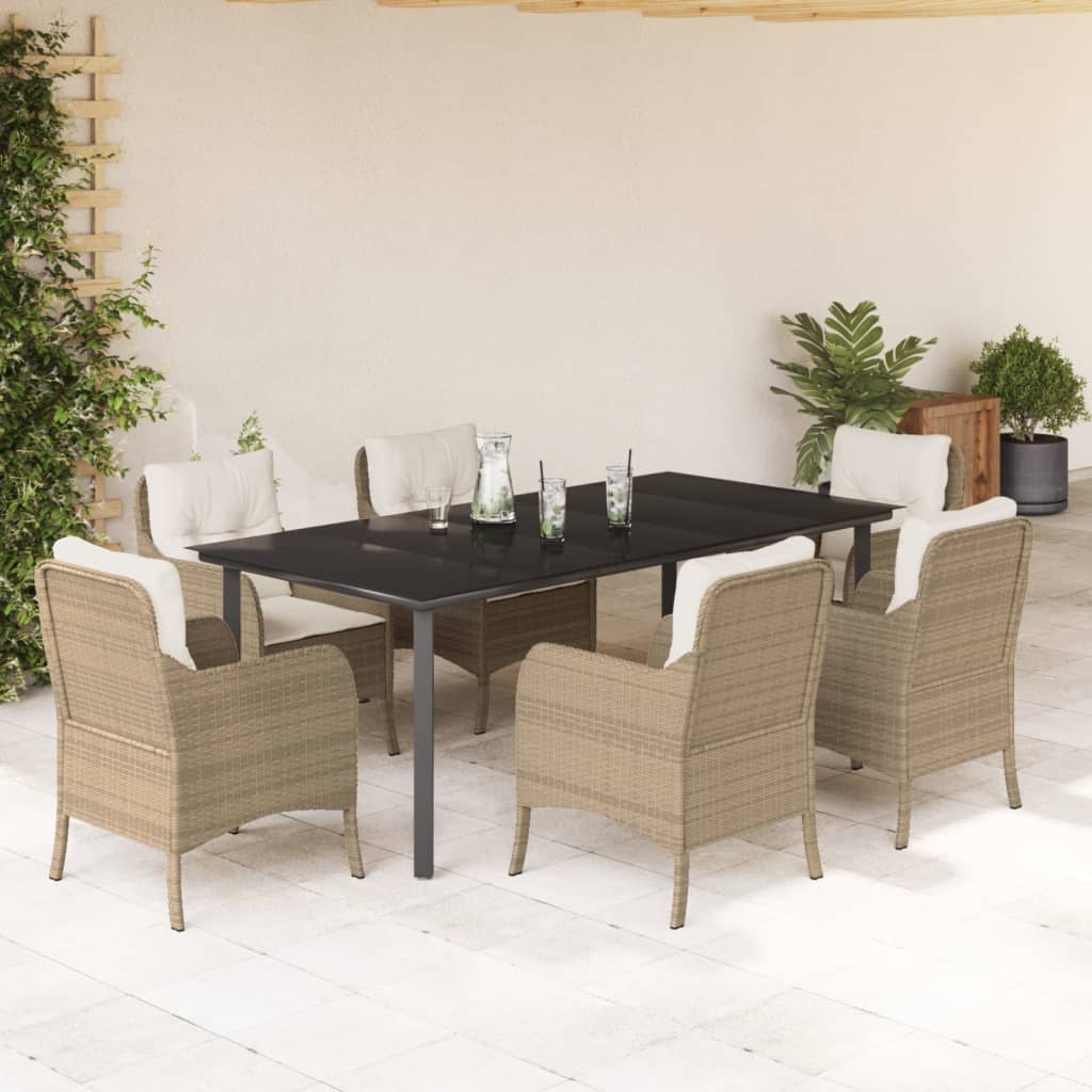 Set da Pranzo da Giardino 7 pz con Cuscini Beige in Polyrattan | homemem39