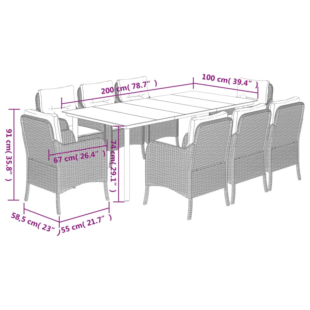 Set da Pranzo da Giardino 9 pz con Cuscini Beige in Polyrattan - homemem39