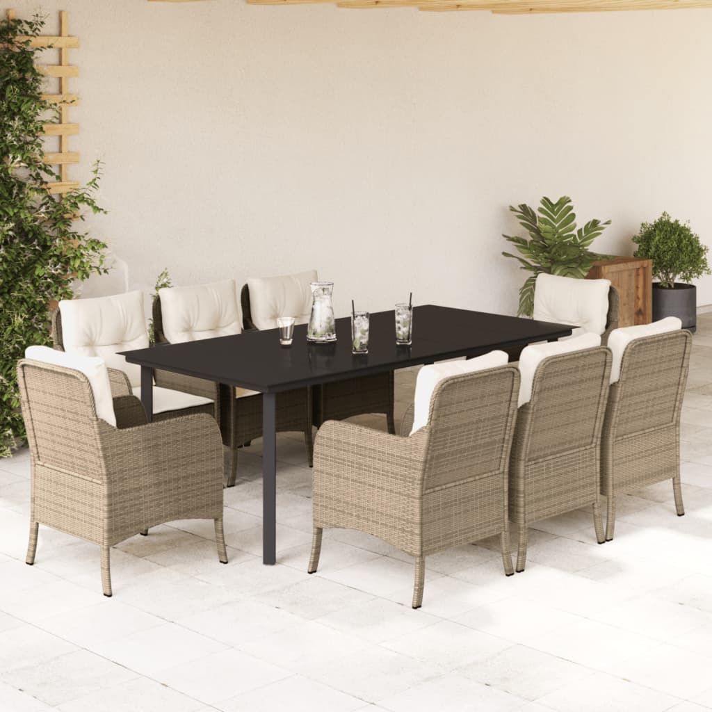 Set da Pranzo da Giardino 9 pz con Cuscini Beige in Polyrattan | homemem39