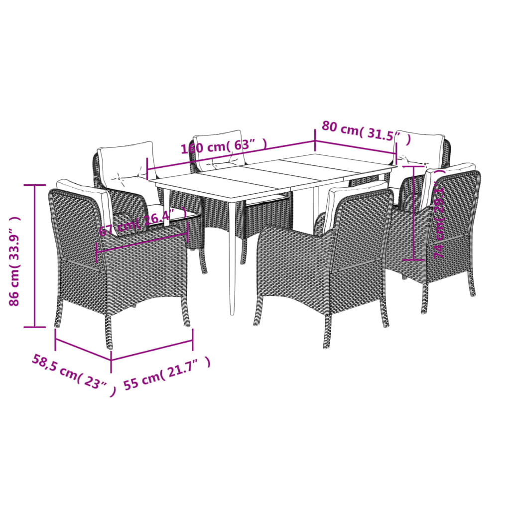 Set da Pranzo da Giardino 7 pz con Cuscini Beige in Polyrattan | homemem39