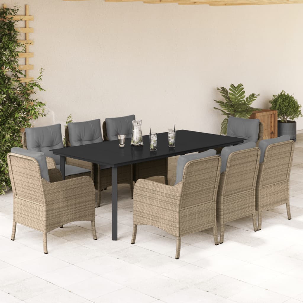 Set da Pranzo da Giardino 9 pz con Cuscini Beige in Polyrattan - homemem39