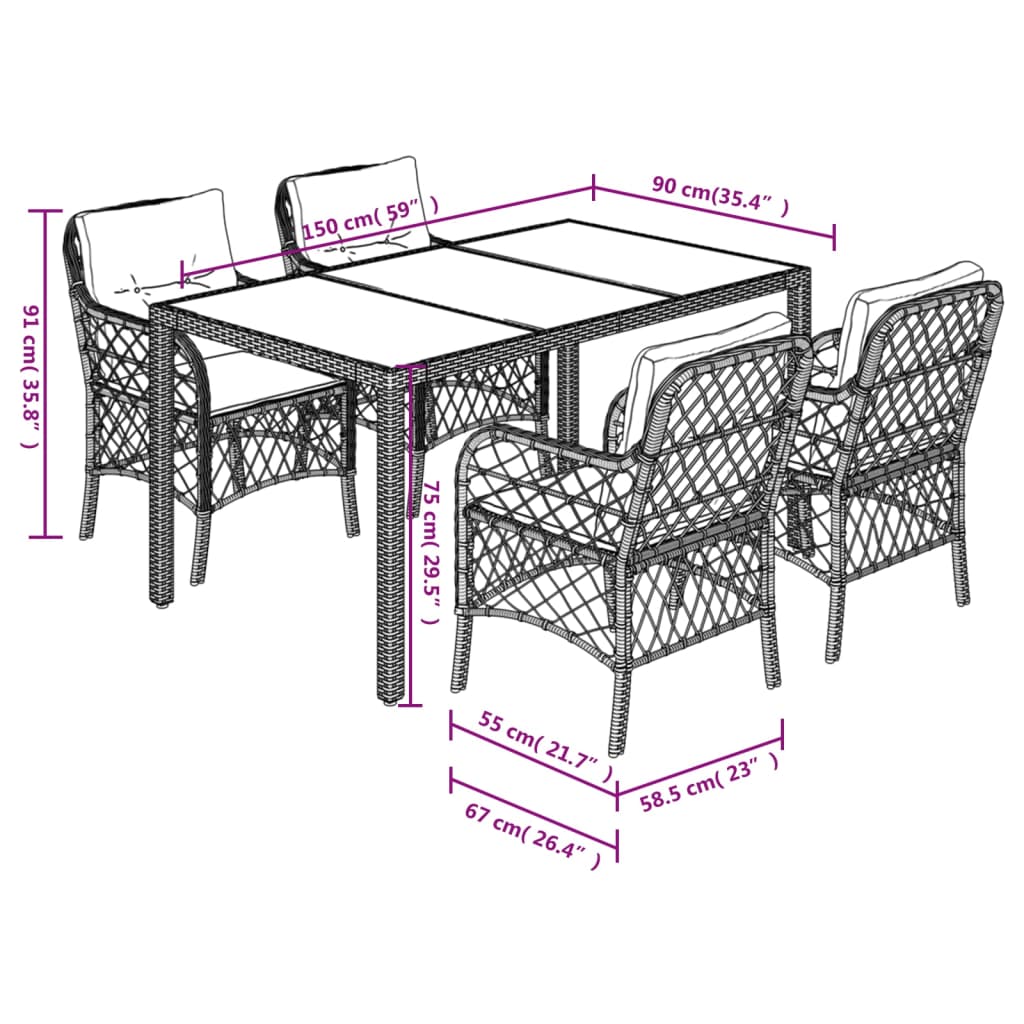 Set da Pranzo da Giardino 5 pz Nero con Cuscini in Polyrattan | homemem39