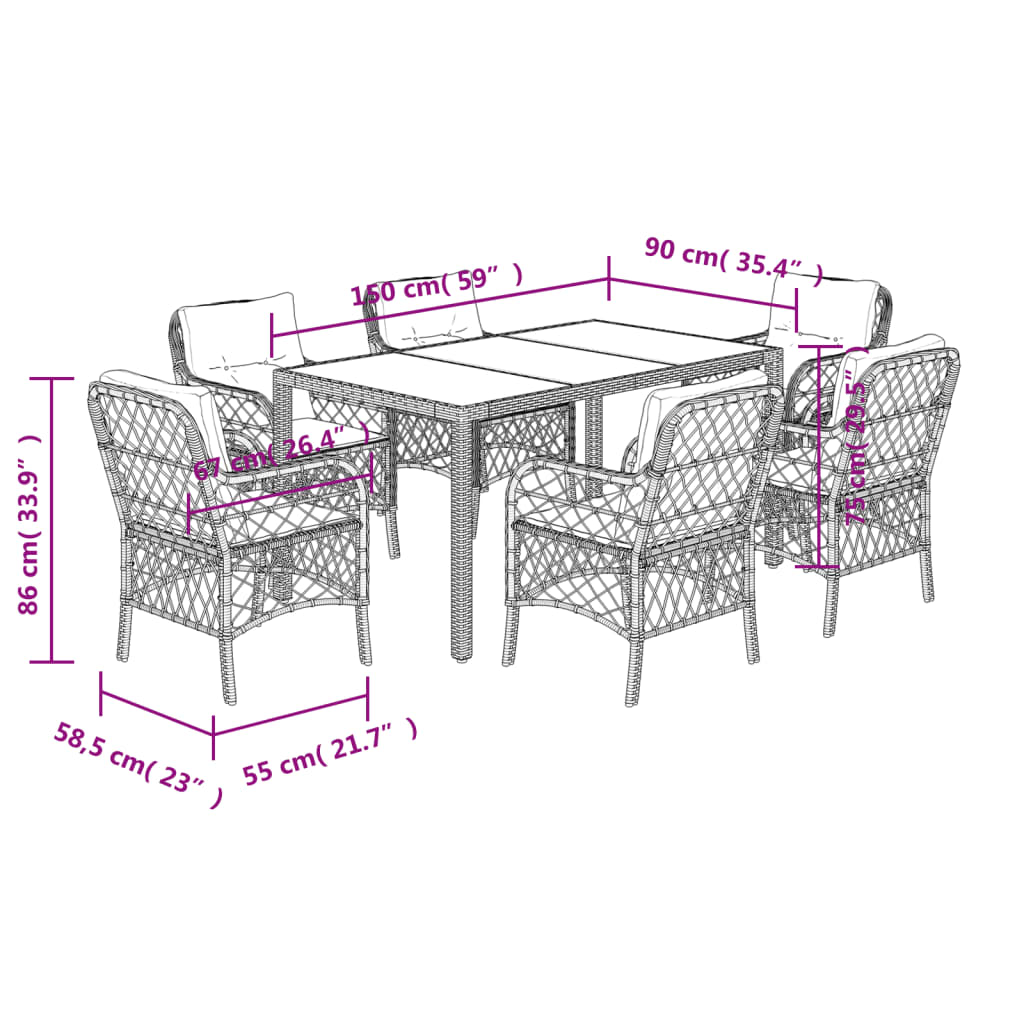 Set da Pranzo da Giardino 7 pz Nero con Cuscini in Polyrattan | homemem39