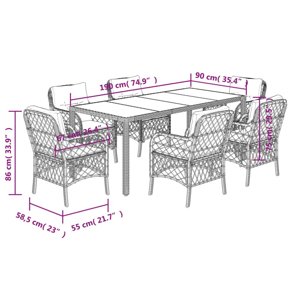 Set da Pranzo da Giardino 7 pz Nero con Cuscini in Polyrattan - homemem39