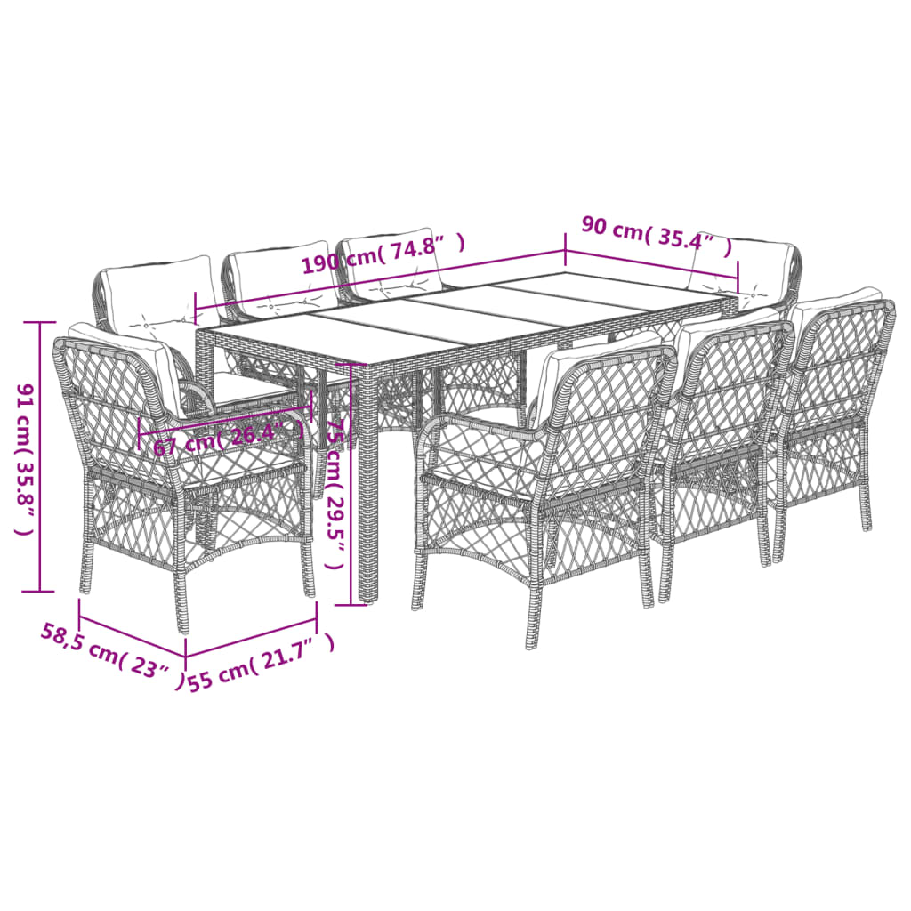Set da Pranzo da Giardino 9 pz con Cuscini Nero in Polyrattan | homemem39