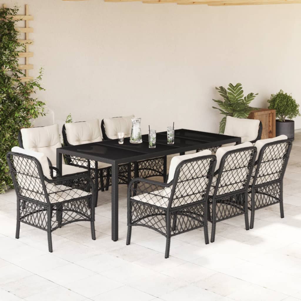 Set da Pranzo da Giardino 9 pz con Cuscini Nero in Polyrattan | homemem39