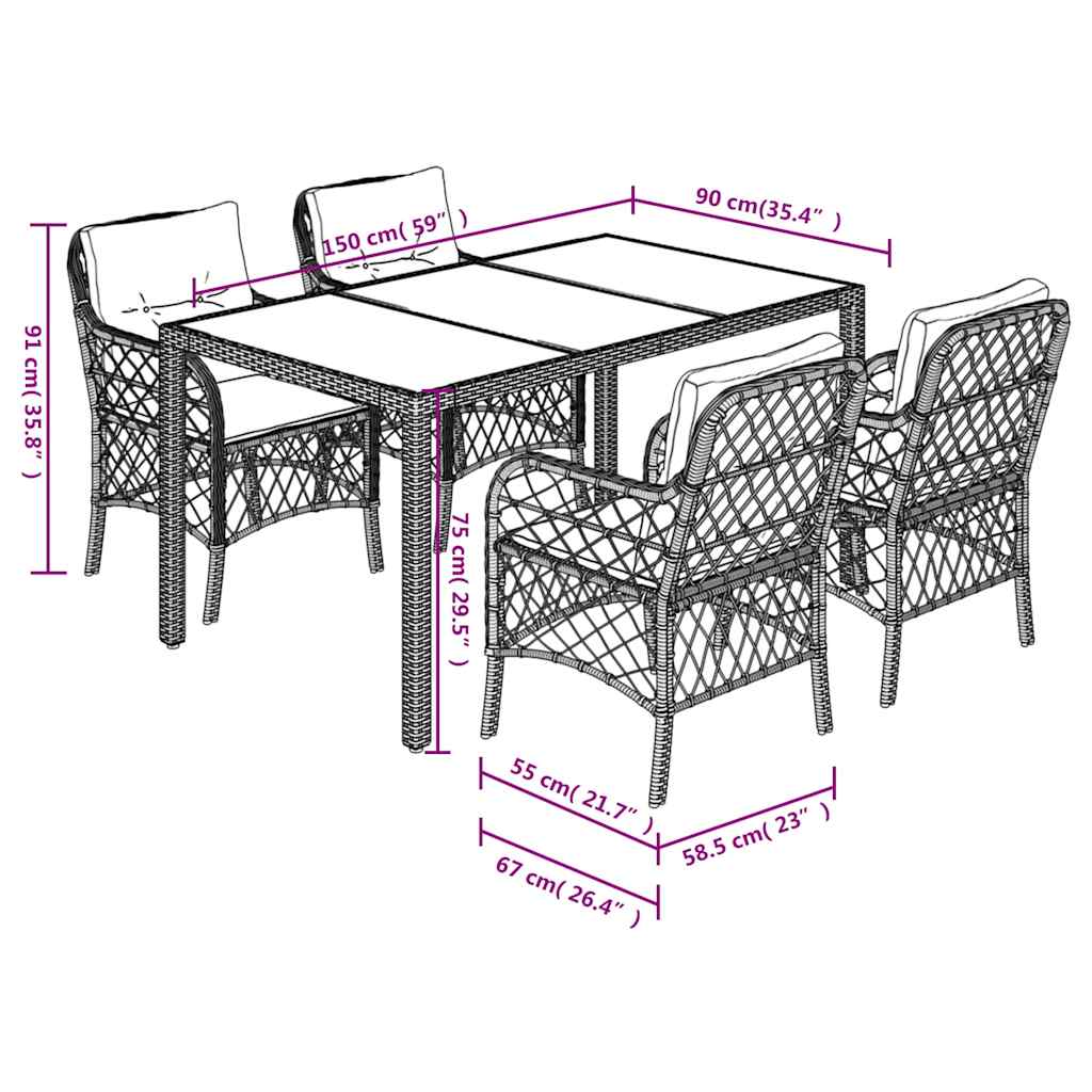 Set da Pranzo da Giardino 5 pz Nero con Cuscini in Polyrattan | homemem39