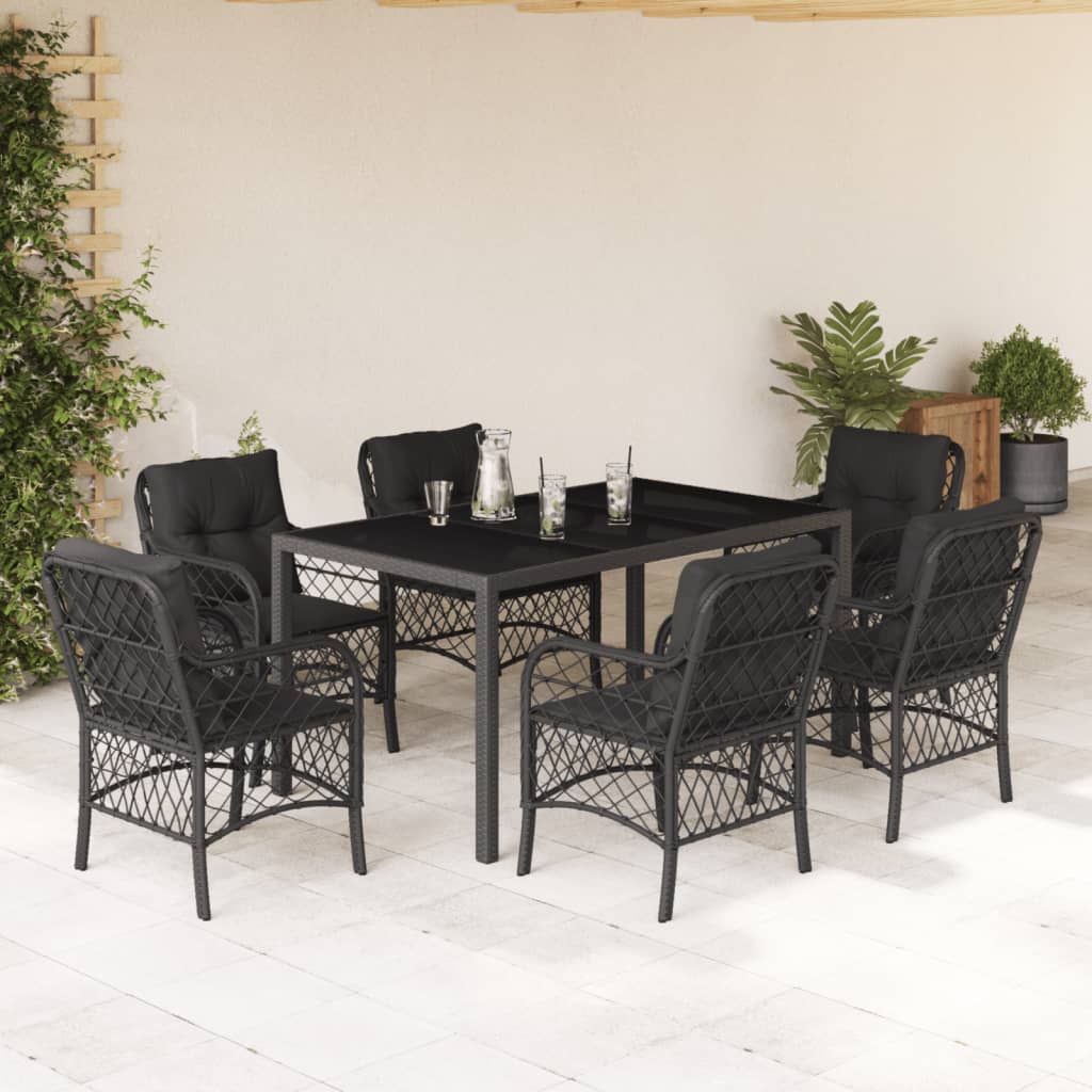 Set da Pranzo da Giardino 7 pz Nero con Cuscini in Polyrattan - homemem39