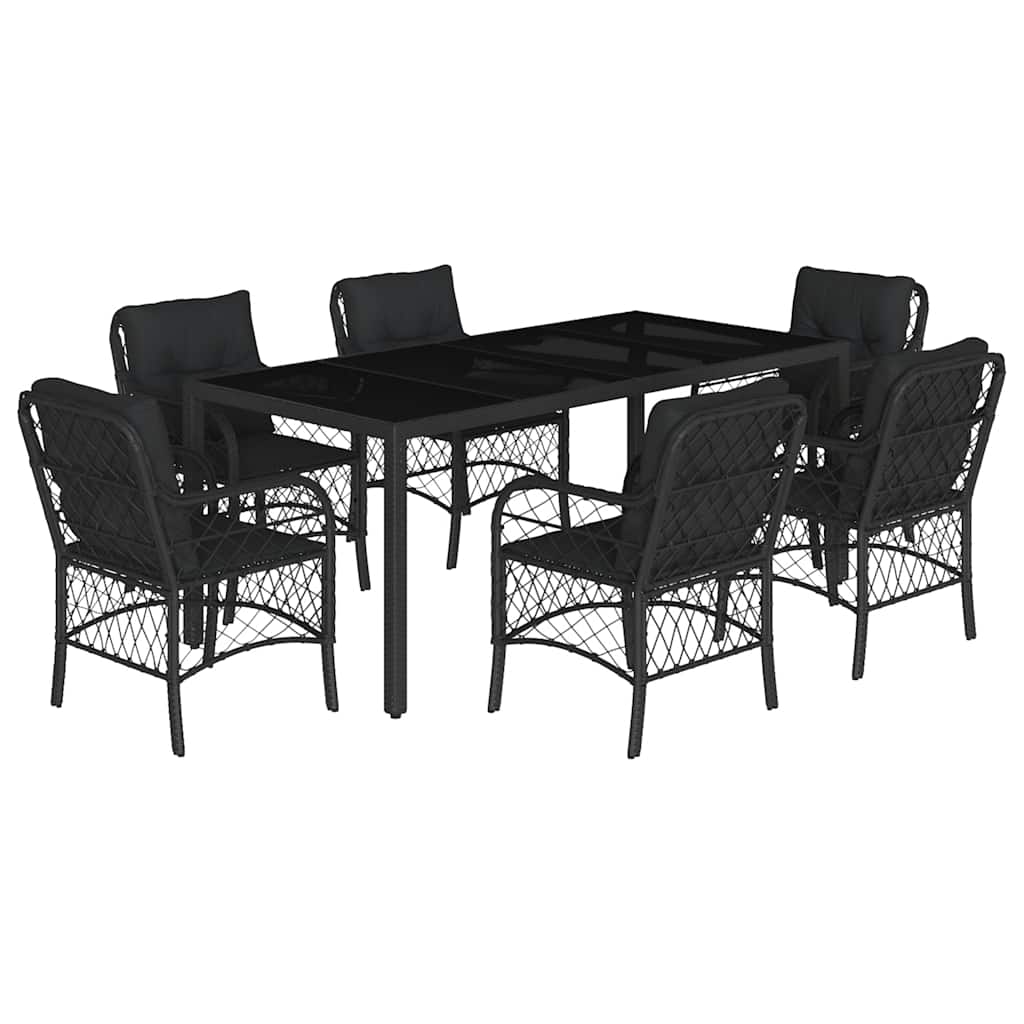 Set da Pranzo da Giardino 7 pz Nero con Cuscini in Polyrattan