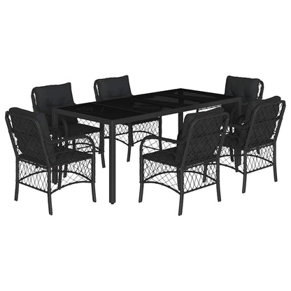 Set da Pranzo da Giardino 7 pz Nero con Cuscini in Polyrattan