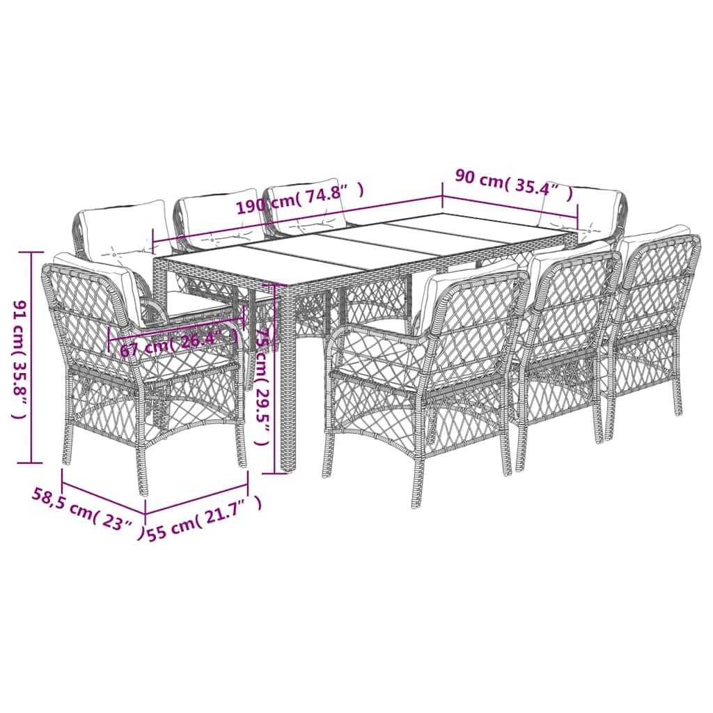 Set da Pranzo da Giardino 9 pz con Cuscini Nero in Polyrattan | homemem39