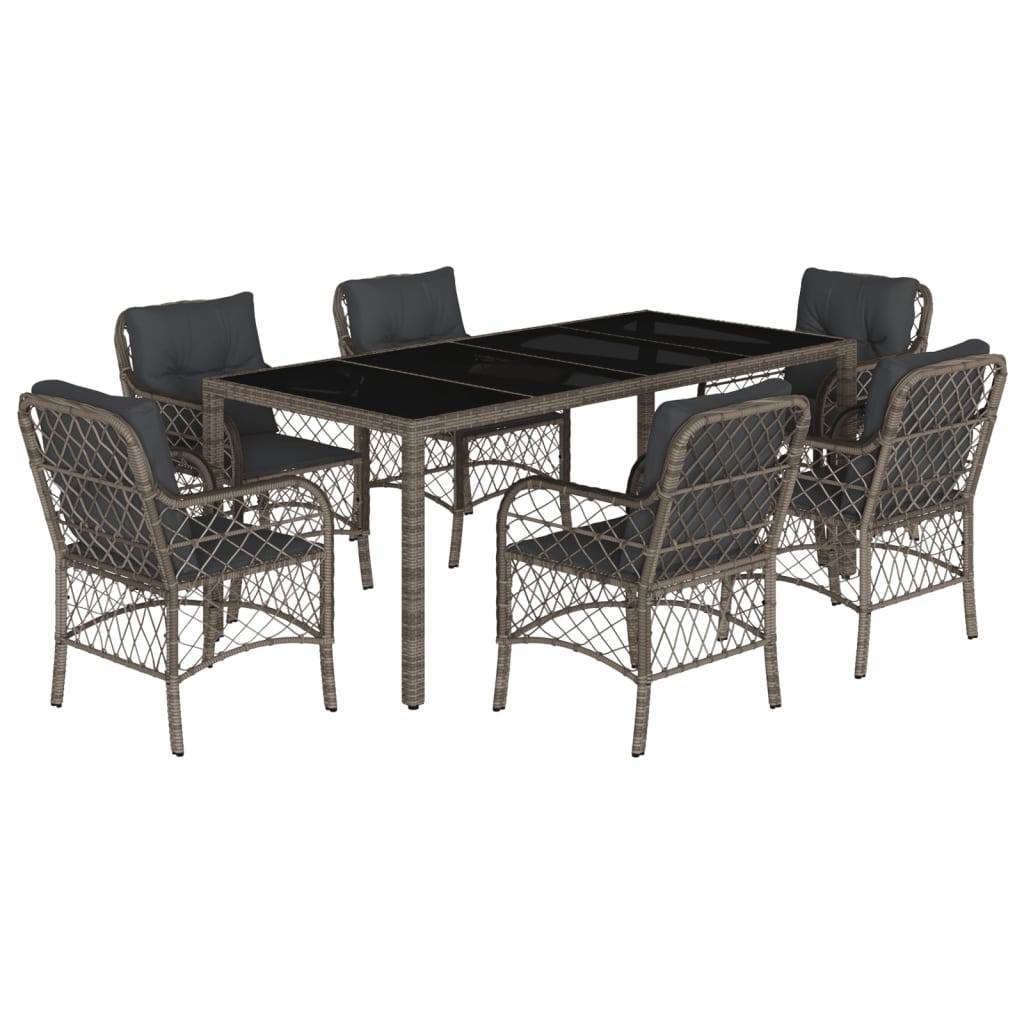 Set da Pranzo da Giardino 7 pz con Cuscini in Polyrattan Grigio