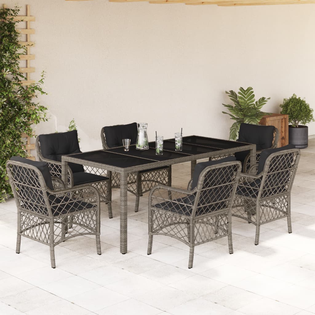 Set da Pranzo da Giardino 7 pz con Cuscini in Polyrattan Grigio