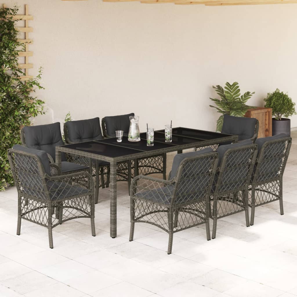 Set da Pranzo da Giardino 9 pz con Cuscini in Polyrattan Grigio