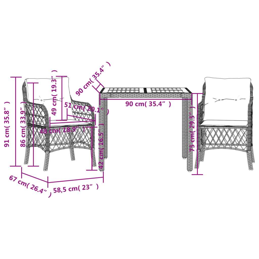 Set da Bistrò 3 pz con Cuscini Nero in Polyrattan