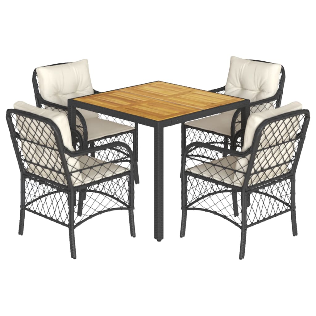 Set da Pranzo da Giardino 5 pz Nero con Cuscini in Polyrattan