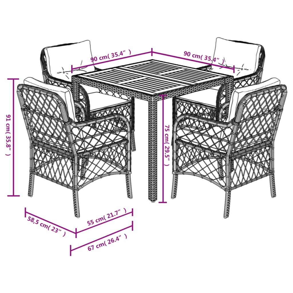 Set da Pranzo da Giardino 5 pz Nero con Cuscini in Polyrattan - homemem39