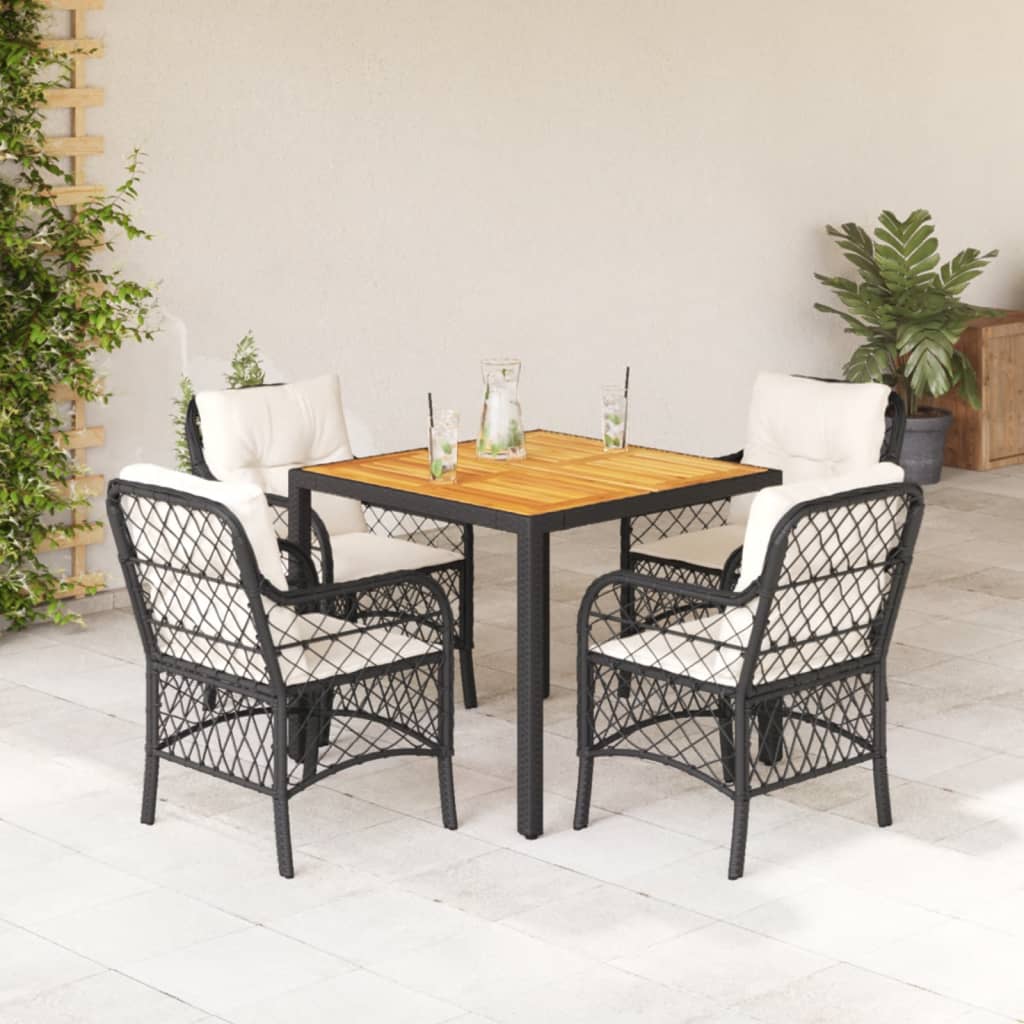 Set da Pranzo da Giardino 5 pz Nero con Cuscini in Polyrattan