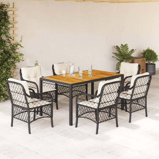 Set da Pranzo da Giardino 7 pz Nero con Cuscini in Polyrattan - homemem39