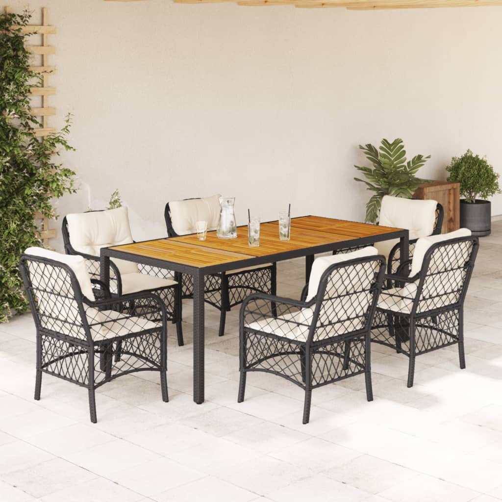 Set da Pranzo da Giardino 7 pz Nero con Cuscini in Polyrattan | homemem39