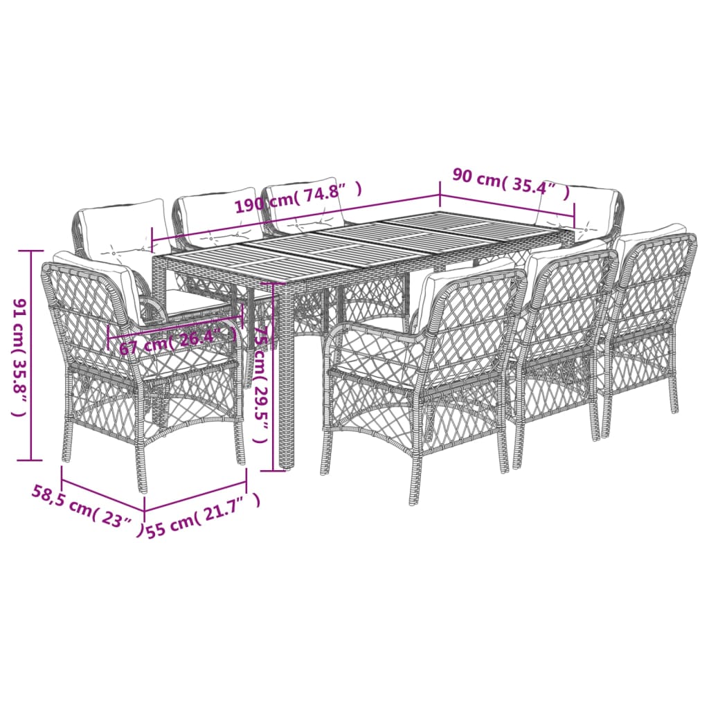 Set da Pranzo da Giardino 9 pz con Cuscini Nero in Polyrattan | homemem39