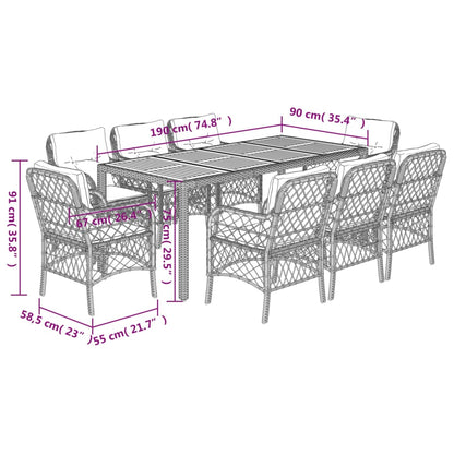 Set da Pranzo da Giardino 9 pz con Cuscini Nero in Polyrattan | homemem39