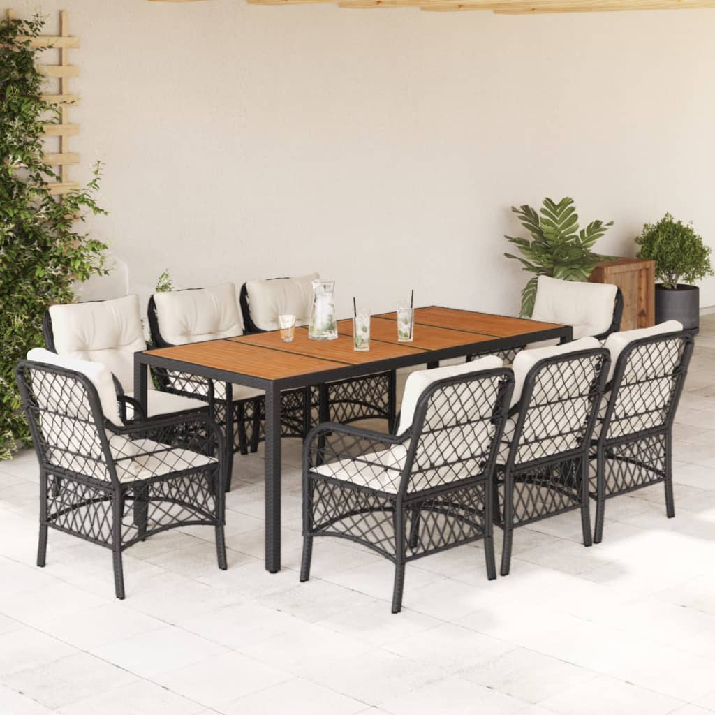 Set da Pranzo da Giardino 9 pz con Cuscini Nero in Polyrattan | homemem39