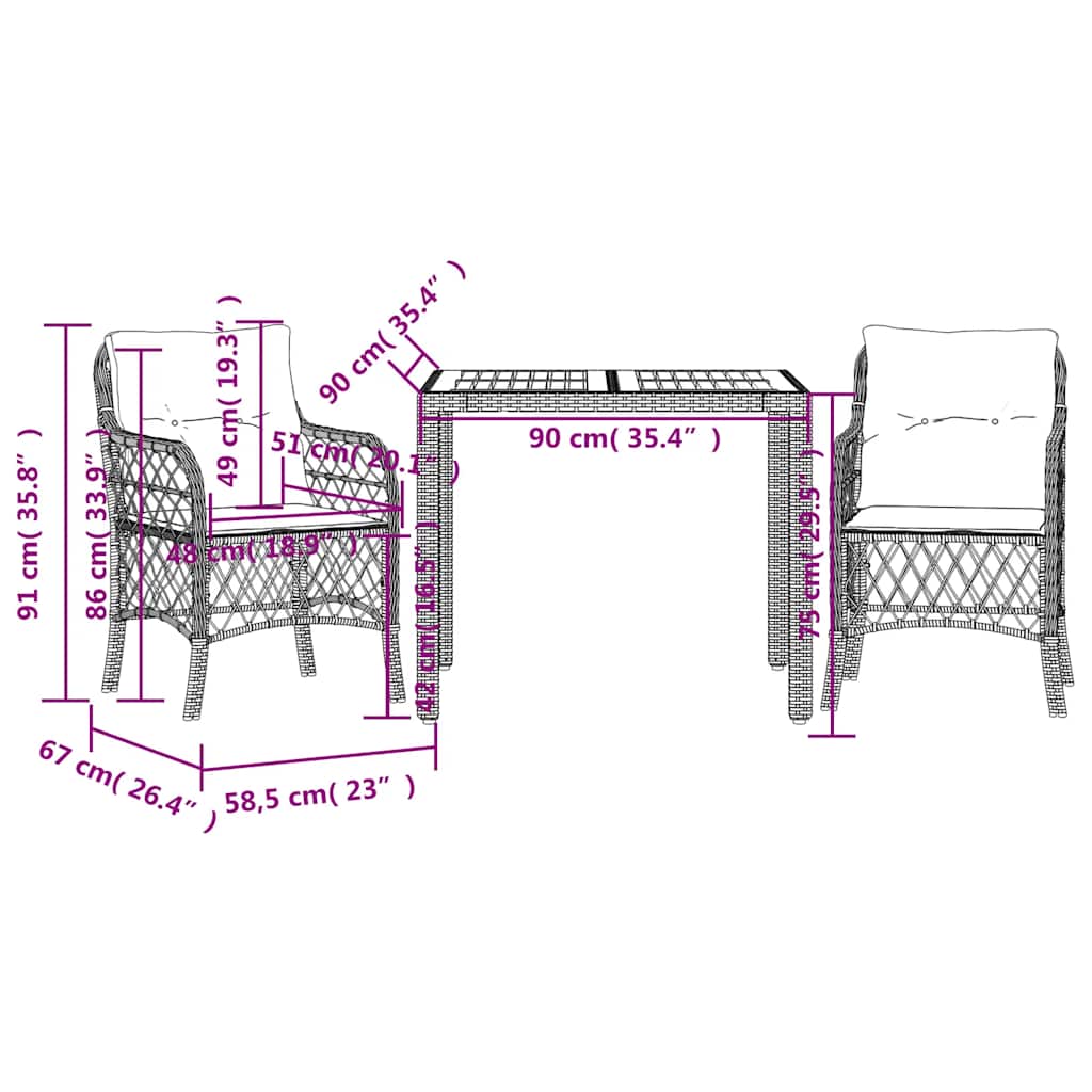Set da Bistrò 3 pz con Cuscini Nero in Polyrattan | homemem39
