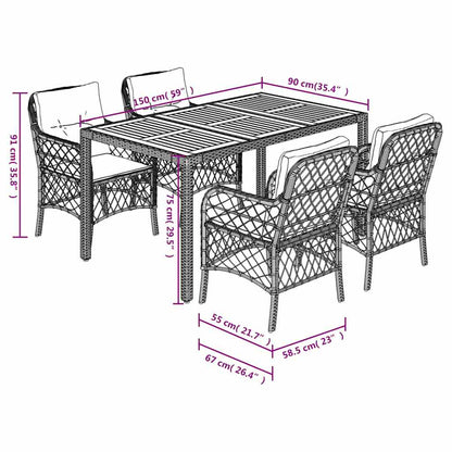 Set da Pranzo da Giardino 5 pz Nero con Cuscini in Polyrattan | homemem39