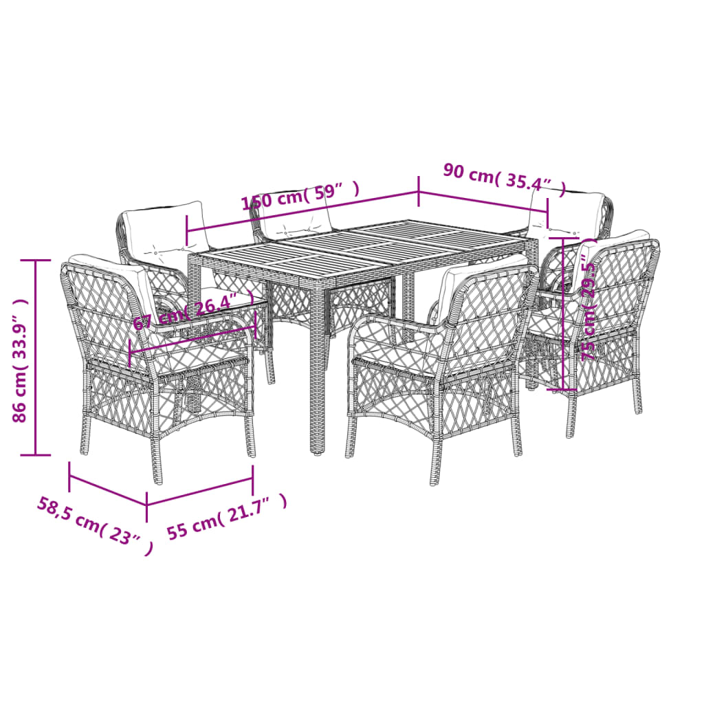 Set da Pranzo da Giardino 7 pz Nero con Cuscini in Polyrattan - homemem39