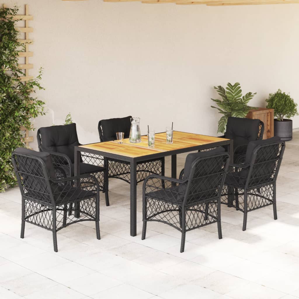 Set da Pranzo da Giardino 7 pz Nero con Cuscini in Polyrattan - homemem39