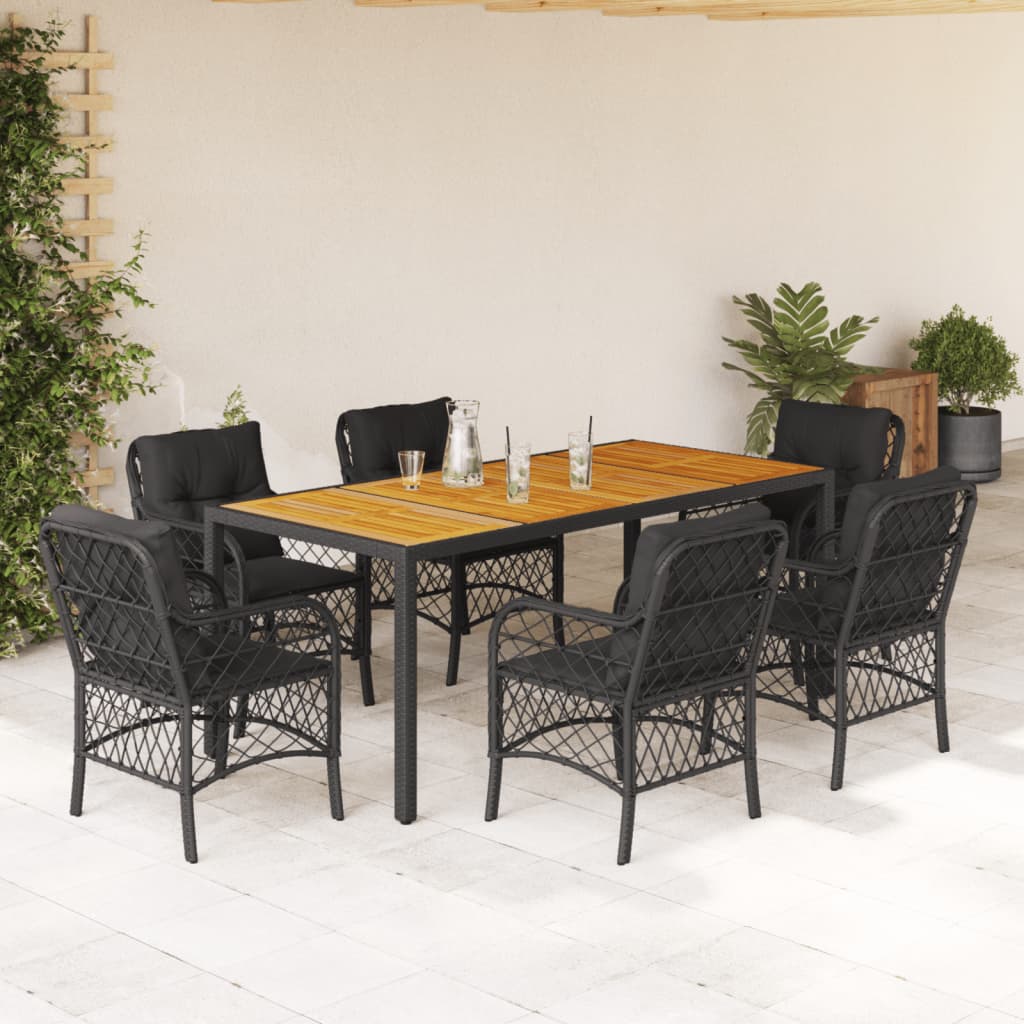Set da Pranzo da Giardino 7 pz Nero con Cuscini in Polyrattan | homemem39