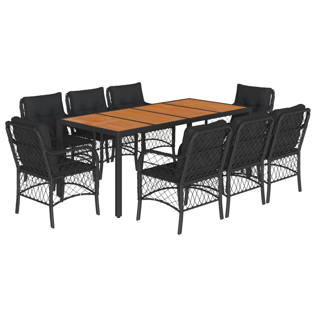 Set da Pranzo da Giardino 9 pz con Cuscini Nero in Polyrattan | homemem39