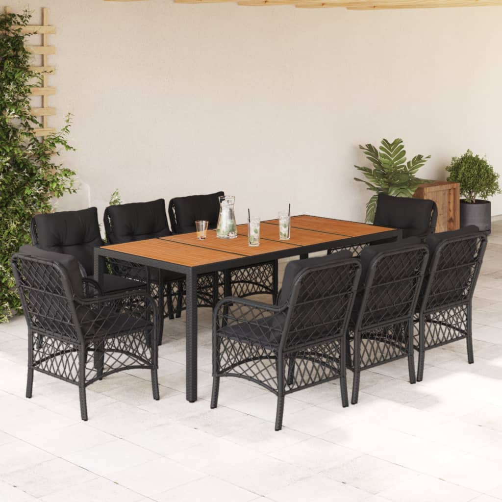 Set da Pranzo da Giardino 9 pz con Cuscini Nero in Polyrattan | homemem39