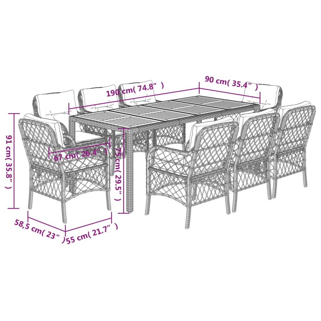 Set da Pranzo da Giardino 9 pz con Cuscini in Polyrattan Grigio | homemem39
