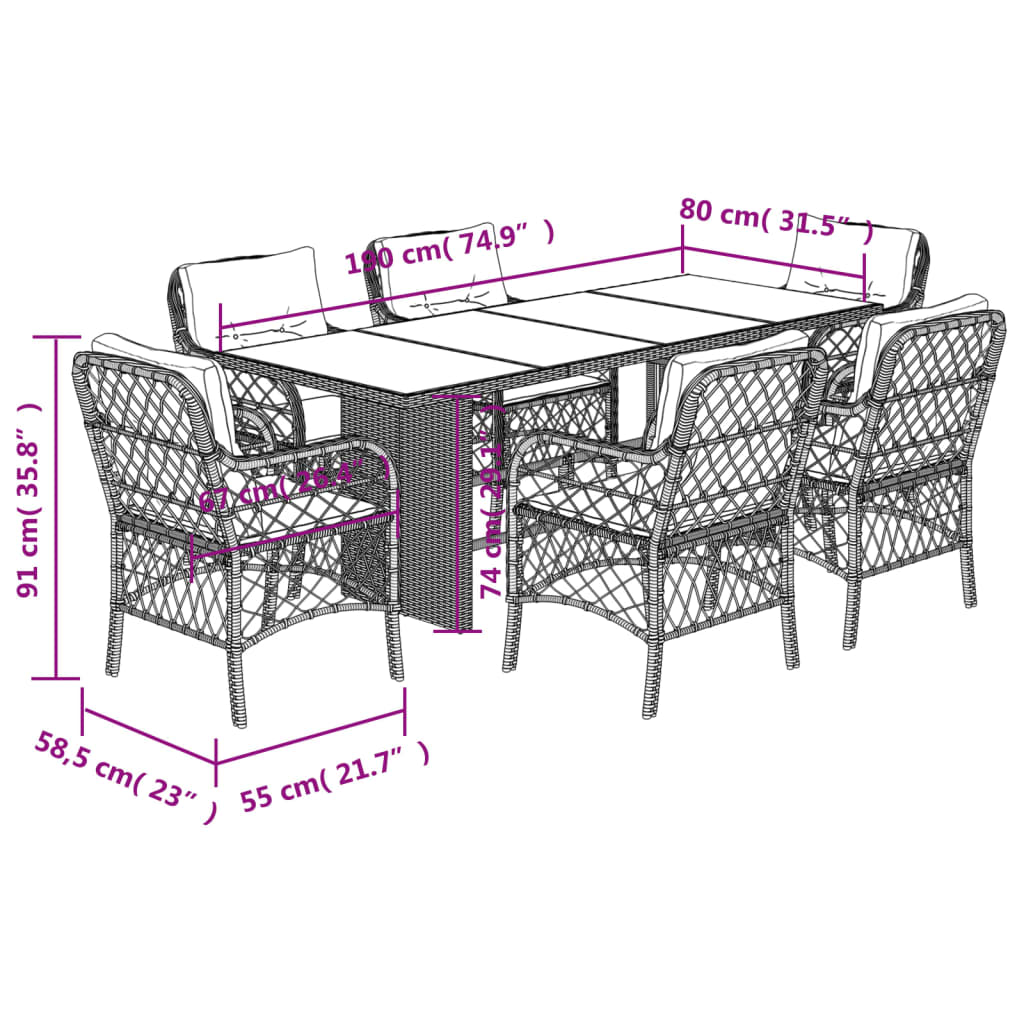 Set da Pranzo da Giardino 7 pz Nero con Cuscini in Polyrattan - homemem39