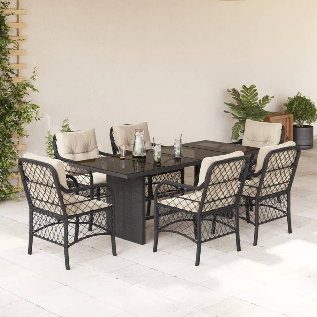 Set da Pranzo da Giardino 7 pz Nero con Cuscini in Polyrattan | homemem39