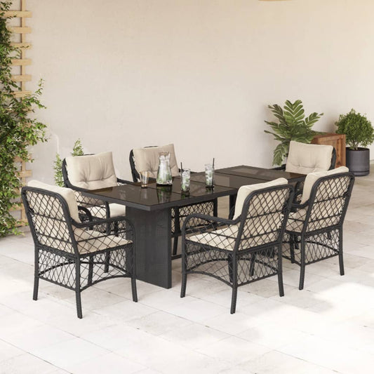 Set da Pranzo da Giardino 7 pz Nero con Cuscini in Polyrattan - homemem39