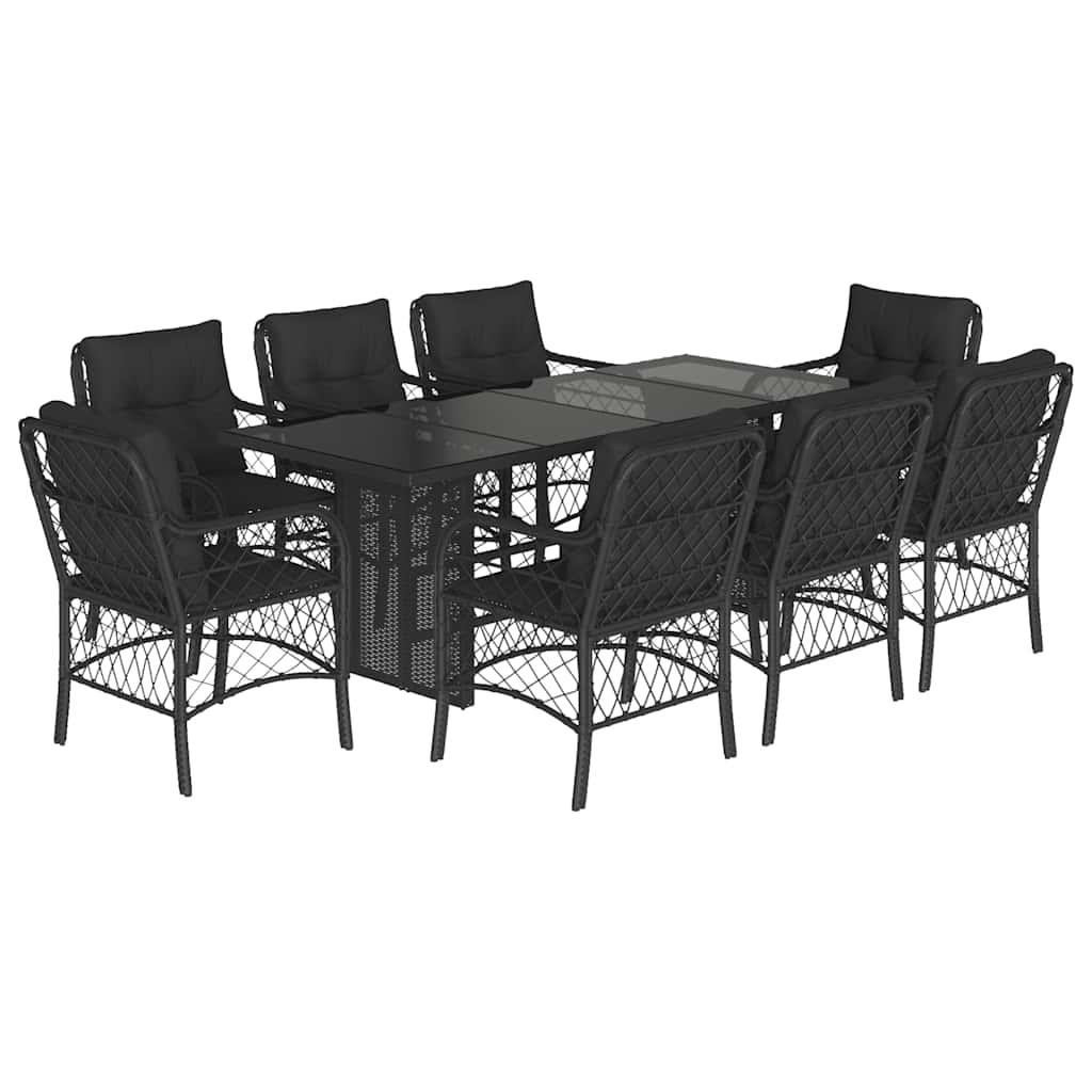Set da Pranzo da Giardino 9 pz con Cuscini Nero in Polyrattan - homemem39