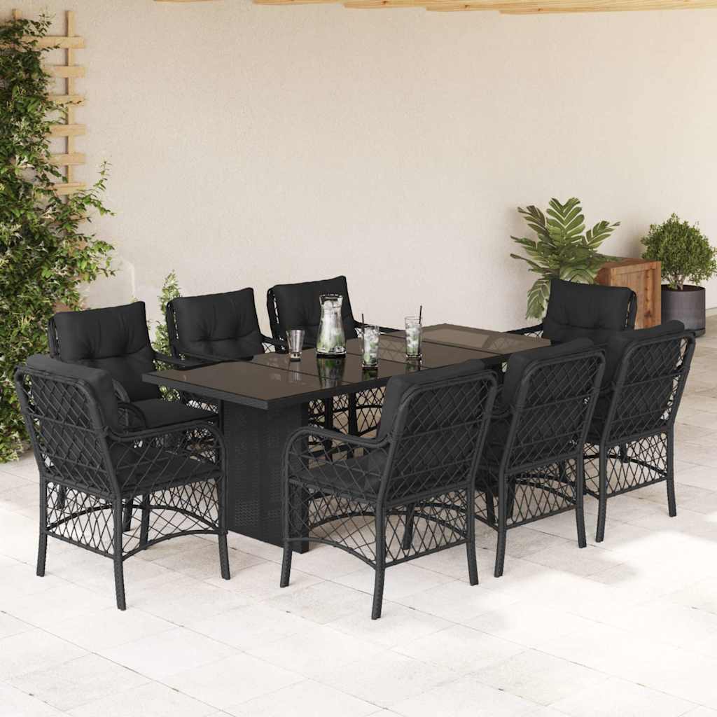 Set da Pranzo da Giardino 9 pz con Cuscini Nero in Polyrattan | homemem39