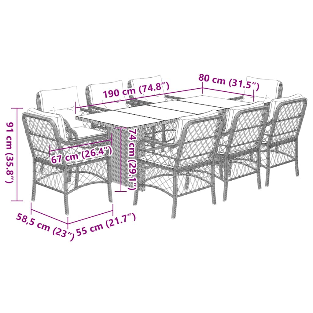 Set da Pranzo da Giardino 9 pz con Cuscini in Polyrattan Grigio | homemem39