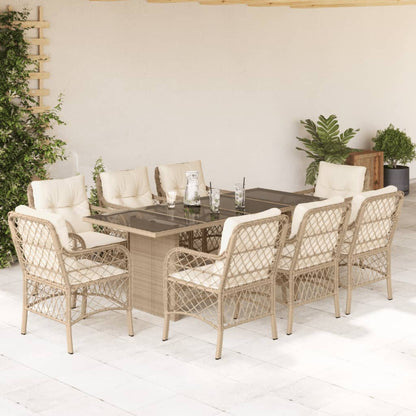 Set da Pranzo da Giardino 9 pz con Cuscini Beige in Polyrattan | homemem39