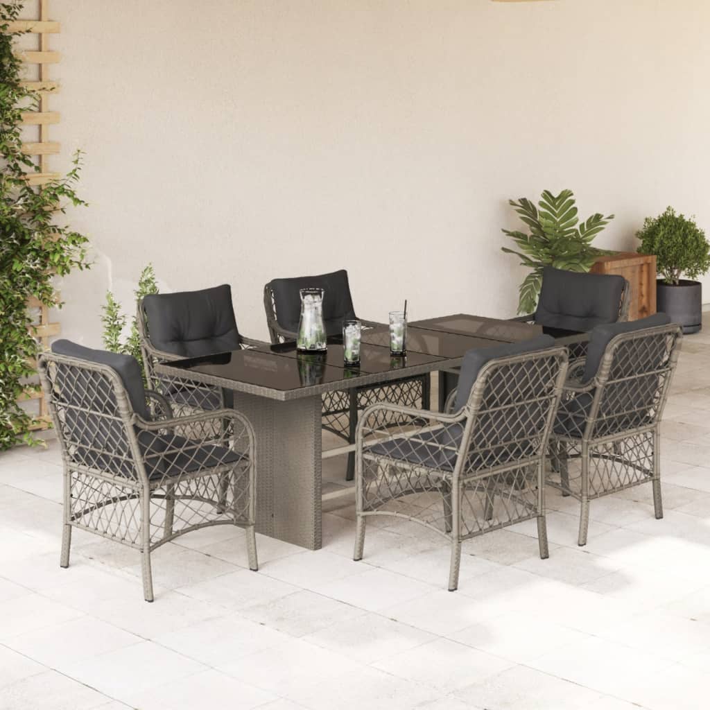 Set da Pranzo da Giardino 7 pz Cuscini Polyrattan Grigio Chiaro | homemem39