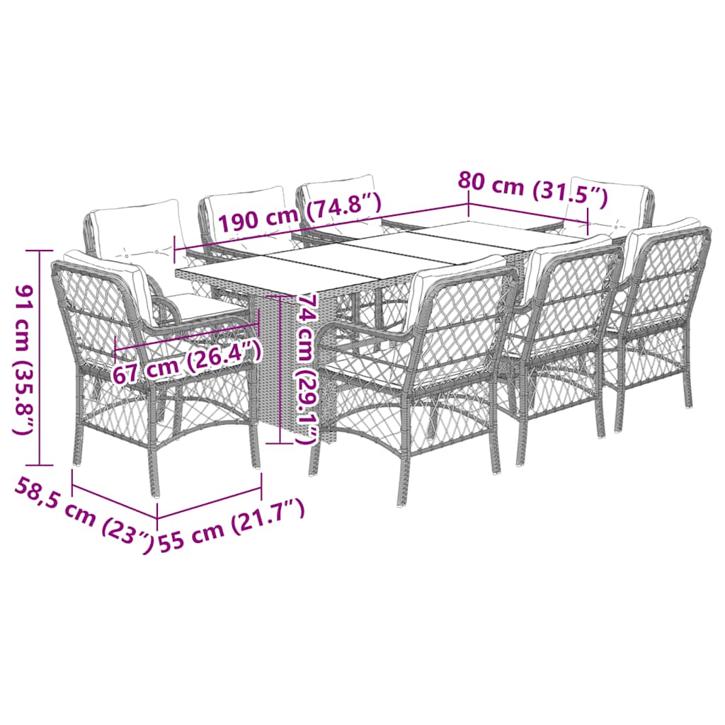 Set Pranzo da Giardino 9pz con Cuscini Grigio Chiaro Polyrattan - homemem39
