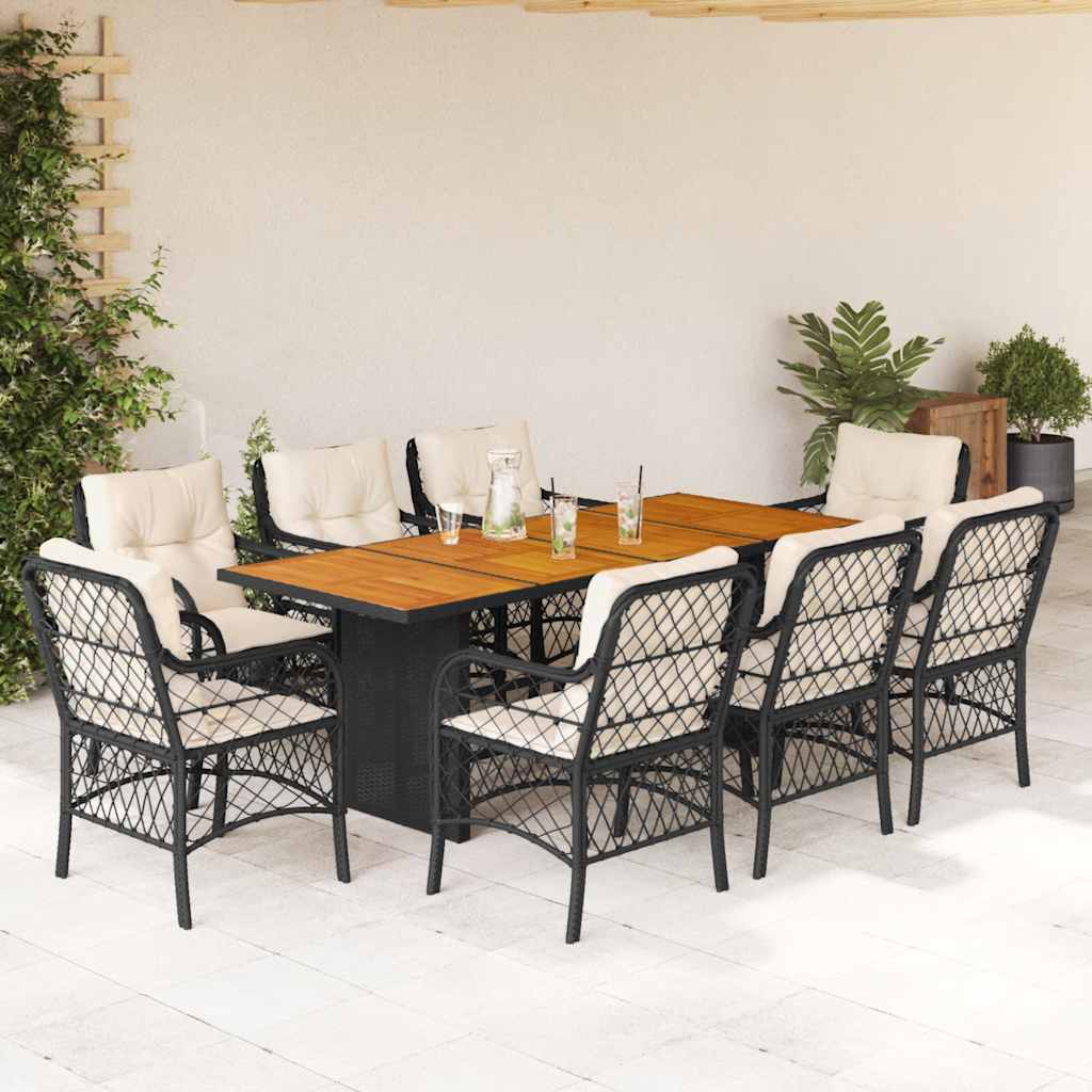 Set da Pranzo da Giardino 9 pz con Cuscini Nero in Polyrattan - homemem39