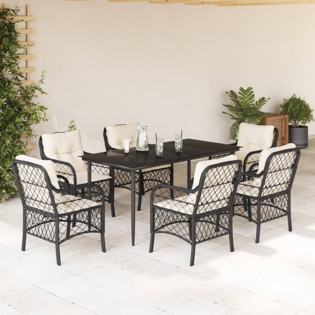 Set da Pranzo da Giardino 7 pz Nero con Cuscini in Polyrattan - homemem39