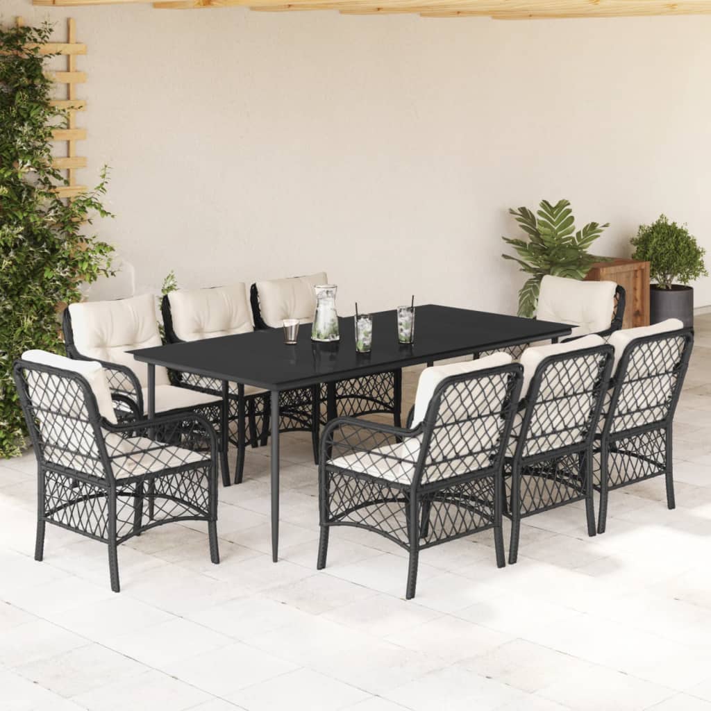 Set da Pranzo da Giardino 9 pz con Cuscini Nero in Polyrattan - homemem39