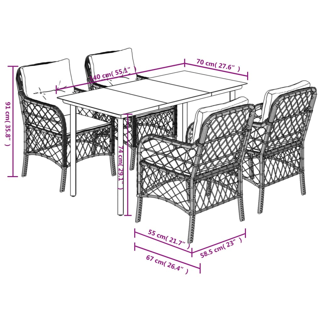 Set da Pranzo da Giardino 5 pz Nero con Cuscini in Polyrattan | homemem39