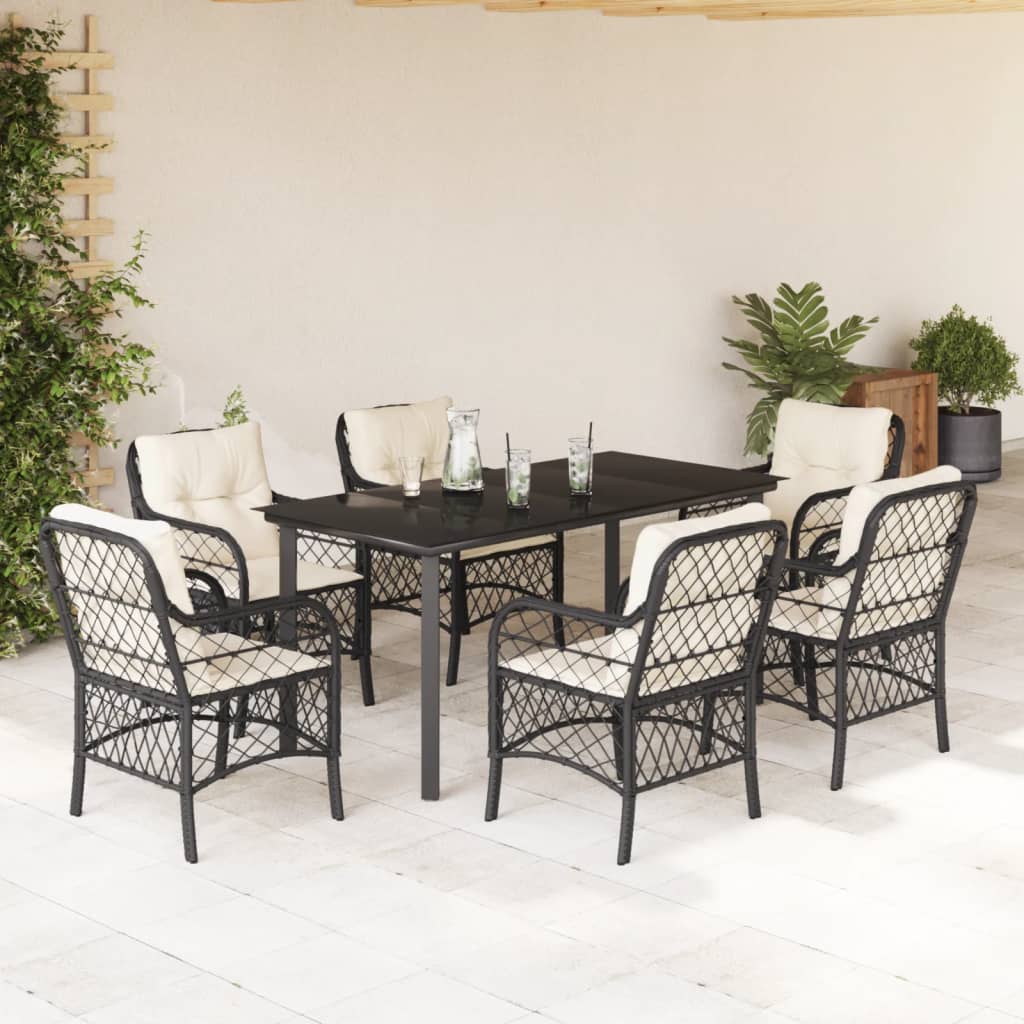 Set da Pranzo da Giardino 7 pz Nero con Cuscini in Polyrattan - homemem39